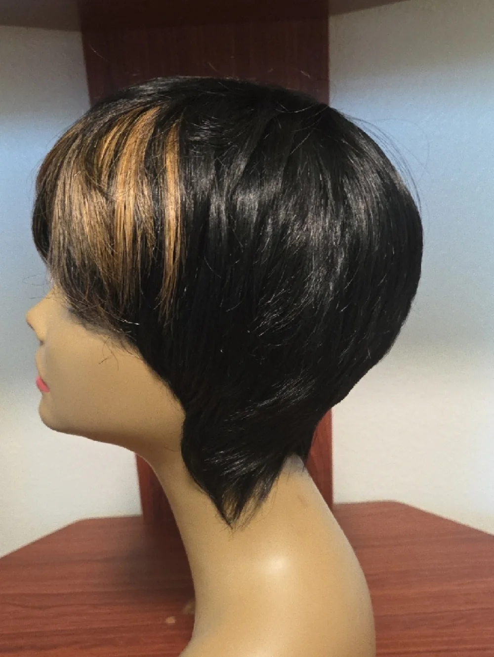Women's Short Layered Pixie Cut Wig in Black with Blonde Highlights